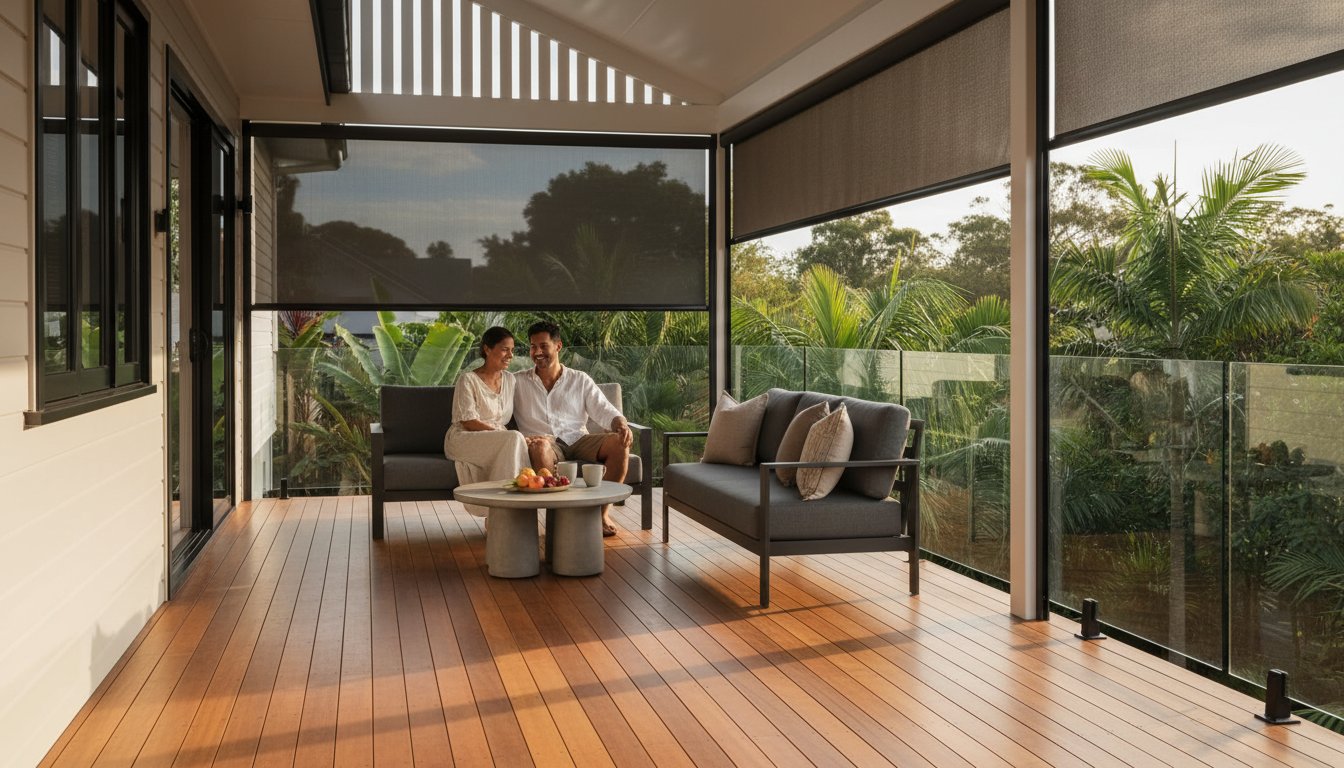 A couple sits together on a modern outdoor patio with wooden flooring, lounge furniture, and surrounding greenery under a covered roof.