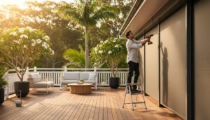 A man stands on a stepladder using a power drill to install or adjust outdoor blinds on a modern wooden deck with patio furniture and potted plants.