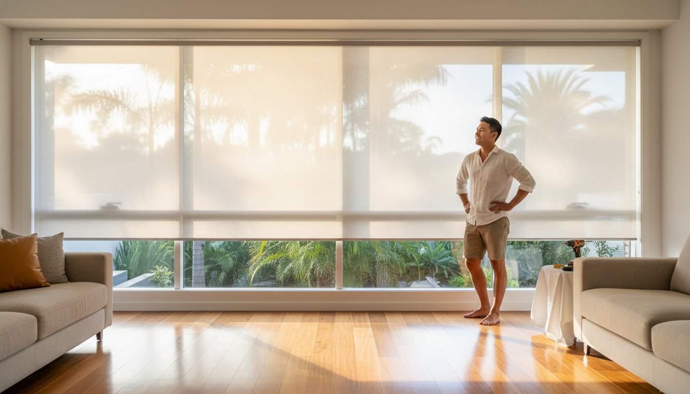 A man in a white shirt and shorts stands in a bright living room with large shaded windows, looking outside at greenery.
