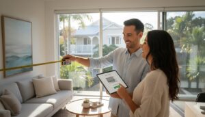 A man measures a living room wall with a tape measure while a woman beside him holds a tablet displaying a floor plan.