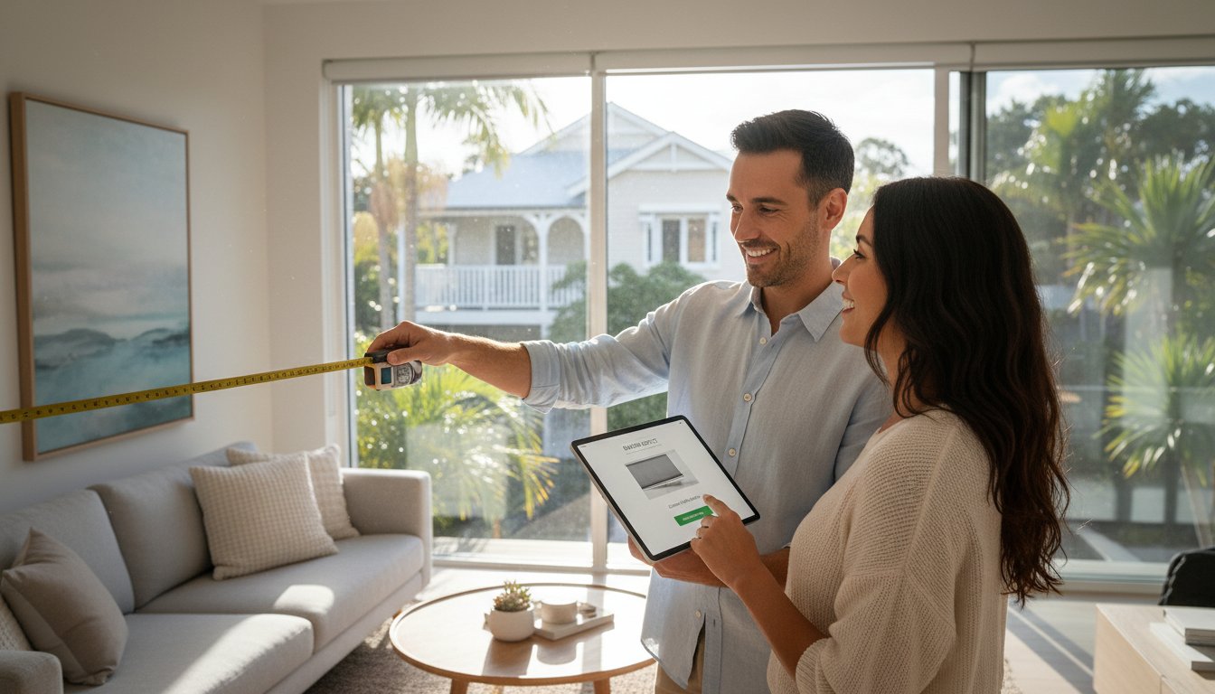 A man measures a living room wall with a tape measure while a woman beside him holds a tablet displaying a floor plan.