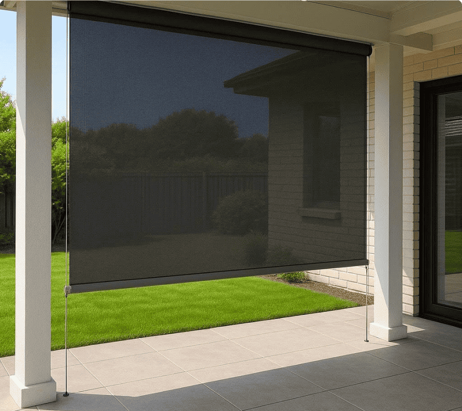A black outdoor roller shade is lowered on a covered patio, partially blocking sunlight and providing shade to the tiled area. Lawn and garden are visible beyond the shade.