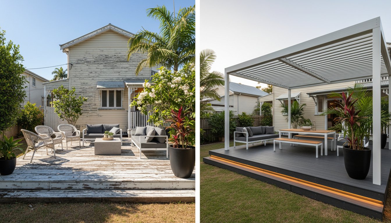 Side-by-side comparison of a backyard deck before and after renovation; left shows worn wood, right shows modern, clean decking with furniture and pergola.