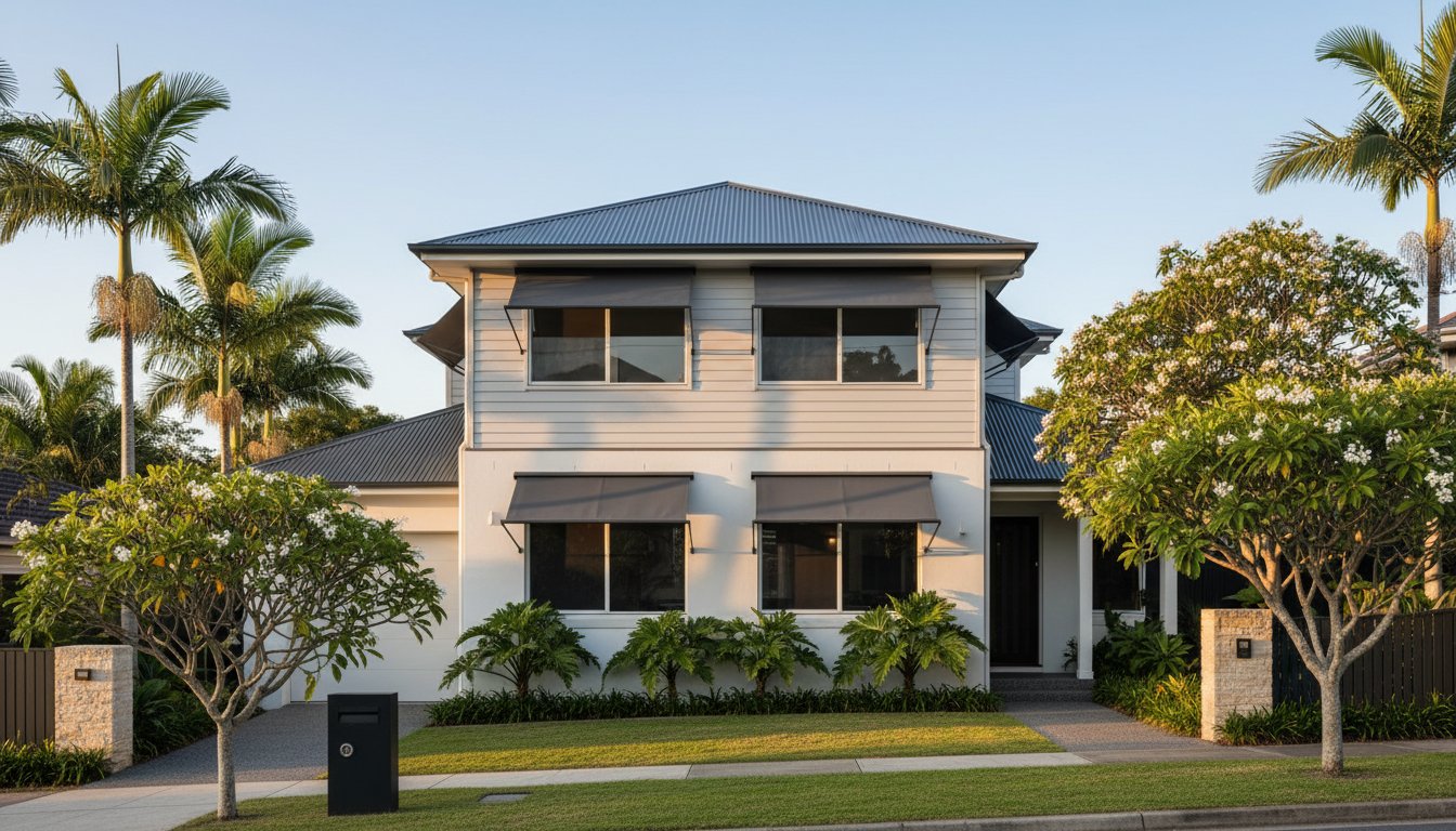 A modern two-story house with white siding, gray roof, and awnings over the windows, surrounded by palm trees and neatly landscaped greenery.
