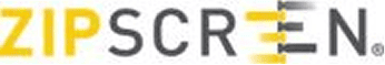 The image shows the word "ZIPSCREEN" in capital letters, with "ZIP" in yellow and "SCREEN" in black. The letter "E" is stylized with yellow and black horizontal stripes.