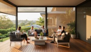 Five people sit and talk on an outdoor patio with modern furniture, surrounded by greenery and a view of neighboring houses in the background.