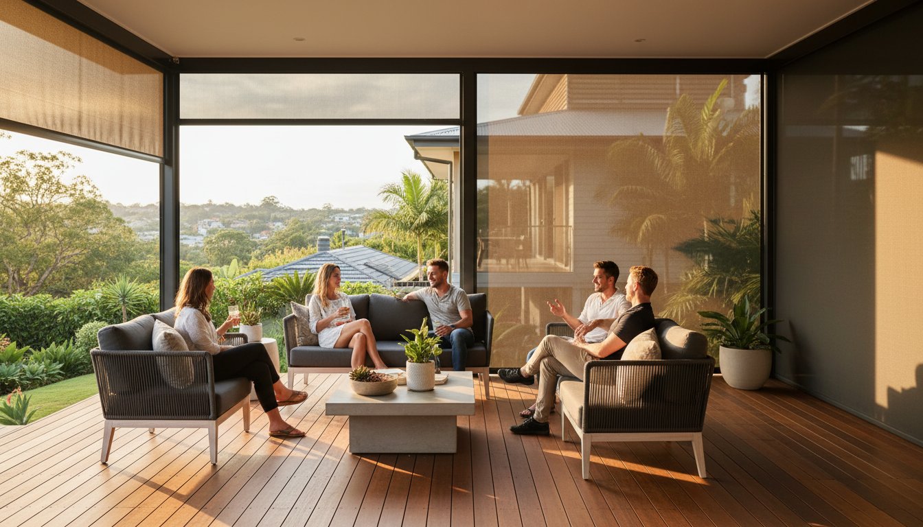 Five people sit and talk on an outdoor patio with modern furniture, surrounded by greenery and a view of neighboring houses in the background.