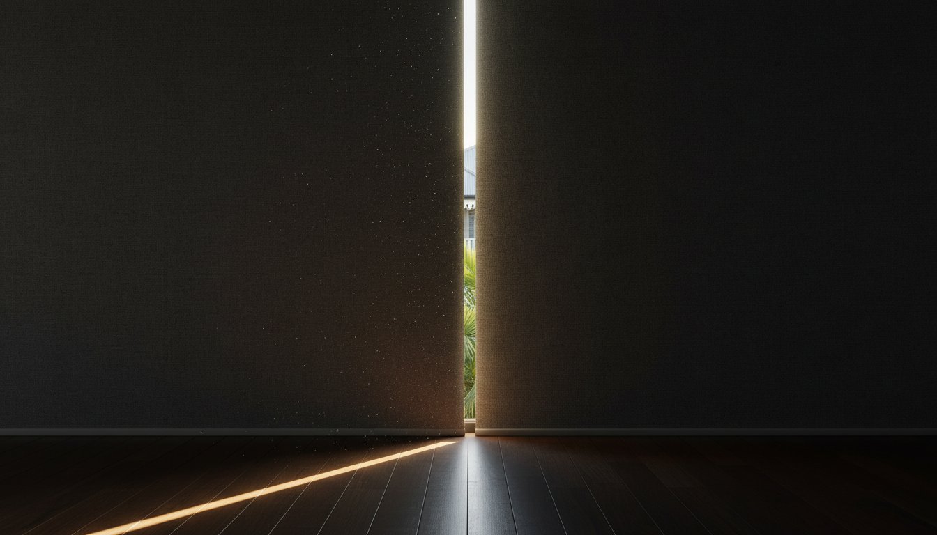 A narrow beam of sunlight shines through a small gap between two dark curtains, illuminating dust particles and part of a wooden floor.