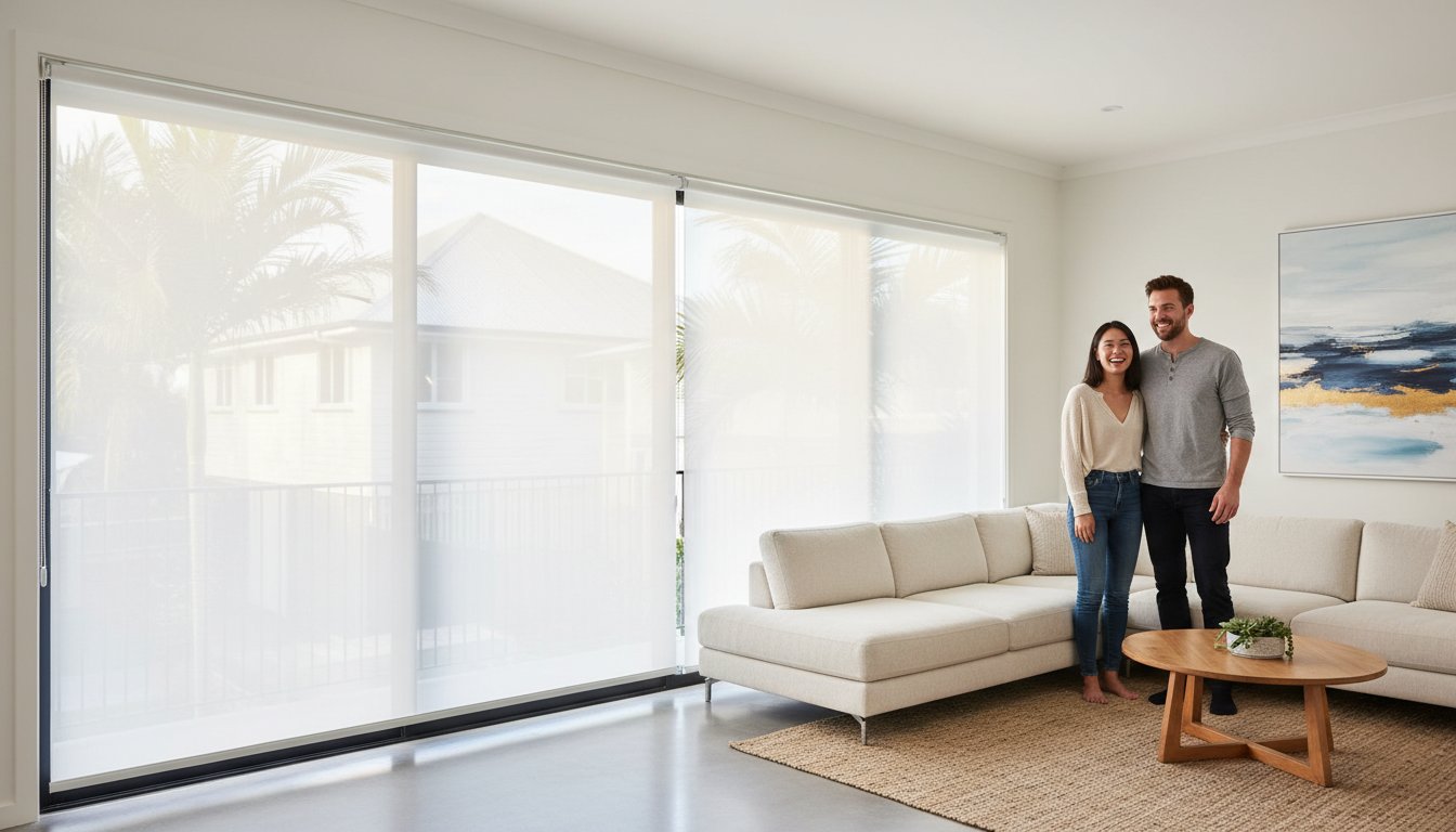 A smiling couple stands in a modern, bright living room with large windows, a beige sectional sofa, a wooden coffee table, and abstract wall art.