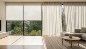 Modern living room with large floor-to-ceiling windows, sheer curtains, a gray sofa, a round wooden coffee table, and sunlight streaming in from outside greenery.