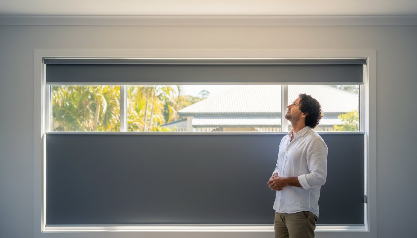 A man in a white shirt stands indoors looking at large windows with partially drawn gray blinds; trees and a house are visible outside.