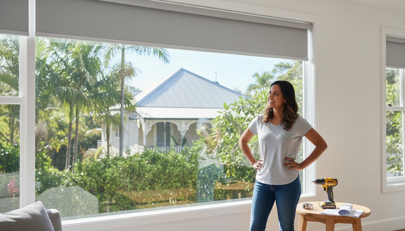 A woman stands by a large window with a gray roller blind, smiling, with a drill and screws on a small table beside her; a house and trees are visible outside.