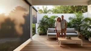 A smiling couple stands on a modern covered patio with a sofa, coffee table, potted plants, and outdoor blinds, surrounded by lush greenery.