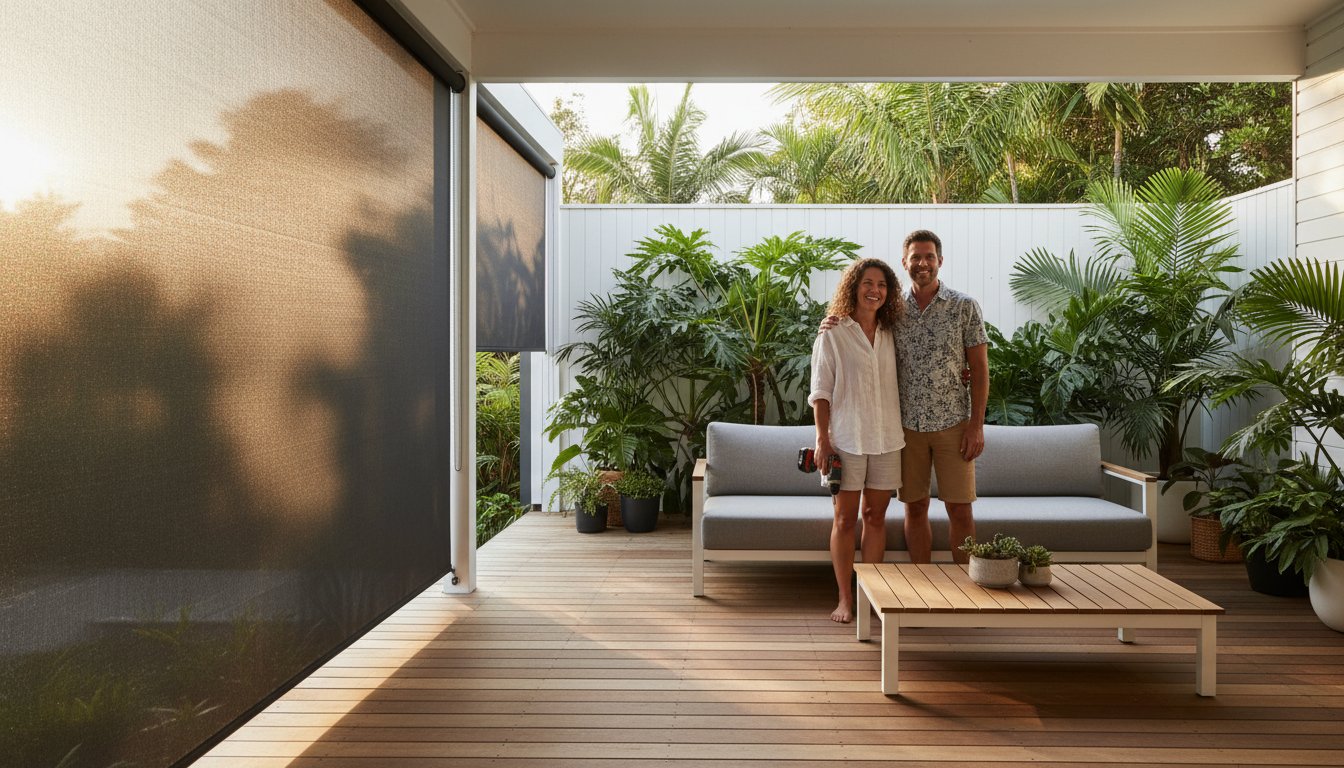A smiling couple stands on a modern covered patio with a sofa, coffee table, potted plants, and outdoor blinds, surrounded by lush greenery.