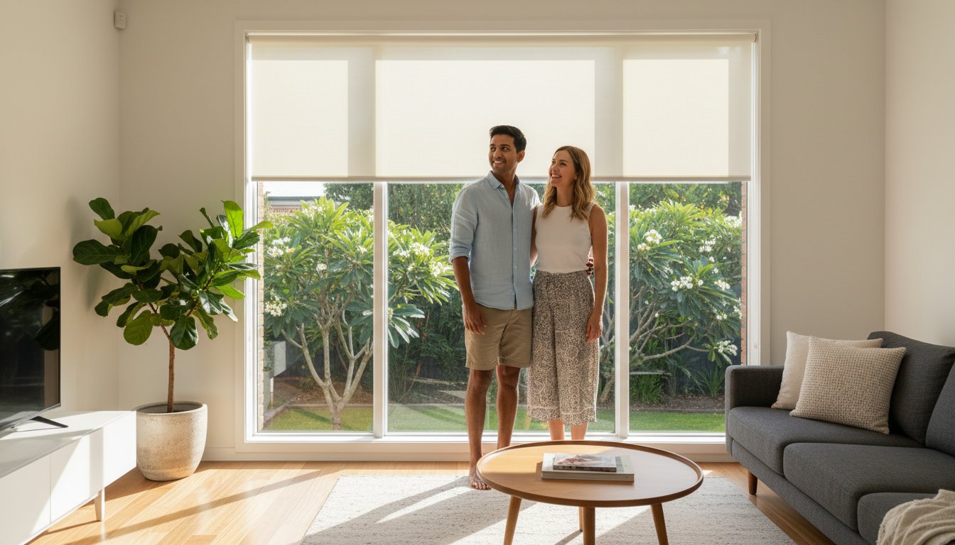 A man and a woman stand together in a bright living room with large windows, a potted plant, a sofa, and a round coffee table.