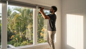 A man stands on a stool using a power drill to install or adjust window blinds in a bright room with large windows overlooking a tropical garden.
