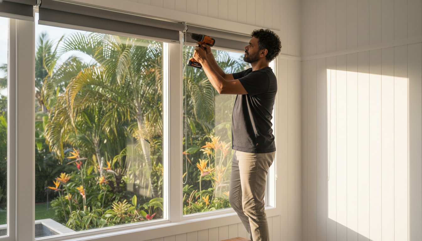 A man stands on a stool using a power drill to install or adjust window blinds in a bright room with large windows overlooking a tropical garden.