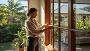 A woman stands inside a sunlit room, opening a wooden-framed window with garden plants visible outside.