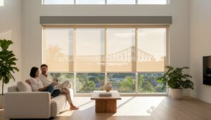 A couple sits on a sofa in a modern living room with large windows, partially covered by blinds, overlooking a bridge and greenery outside.