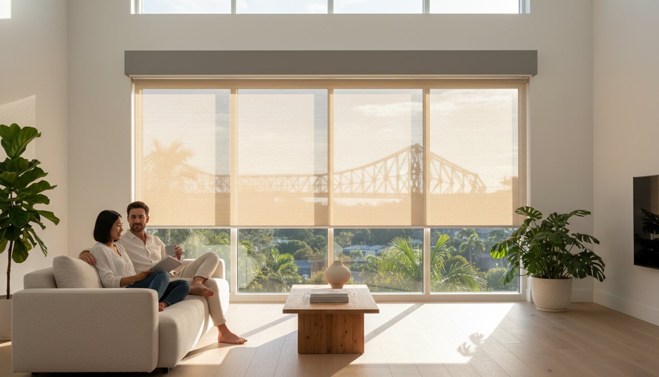 A couple sits on a sofa in a modern living room with large windows, partially covered by blinds, overlooking a bridge and greenery outside.