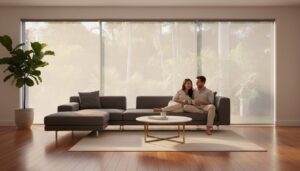 A couple sits together on a modern gray sectional sofa in a bright living room with large windows, wooden floors, a round coffee table, and a potted plant.