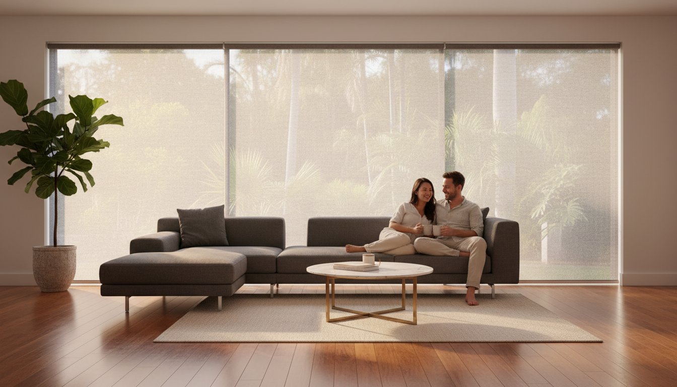 A couple sits together on a modern gray sectional sofa in a bright living room with large windows, wooden floors, a round coffee table, and a potted plant.