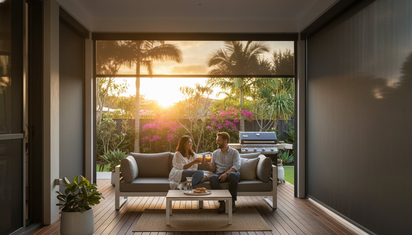 A couple sits on a patio sofa, clinking glasses, with a table of snacks in front of them and a garden visible outside at sunset.
