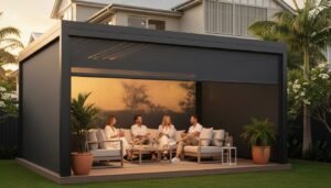 Four people sit on outdoor sofas in a modern, covered patio area, talking and smiling in the evening light, with plants and a house visible in the background.