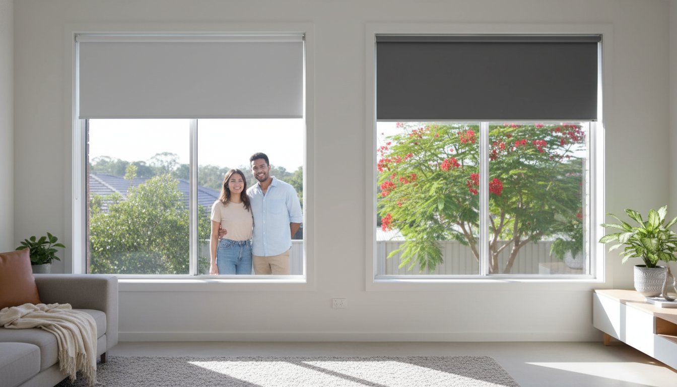A man and woman stand outside, smiling and looking through a large window into a bright living room with two windows, plants, and a sofa.