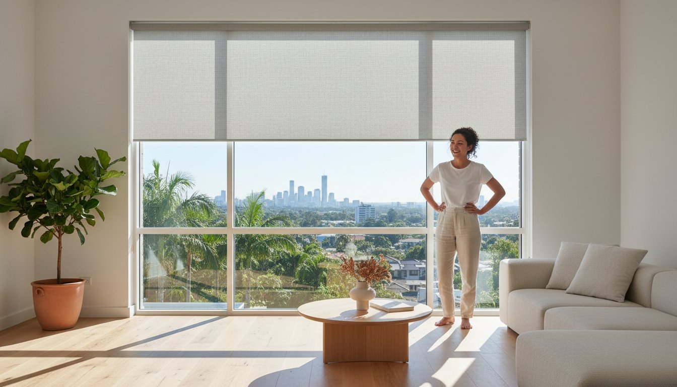 A woman stands in a modern living room with large windows, a city skyline view, and minimal furnishings including a potted plant and a round wooden coffee table.