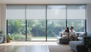 A couple sits together on a gray sofa in a bright living room with large windows overlooking a green garden.