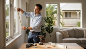 A man measures a window frame with a tape measure in a well-lit living room, with tools including a drill and level on the table nearby.