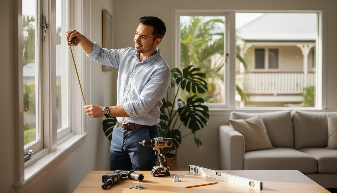 A man measures a window frame with a tape measure in a well-lit living room, with tools including a drill and level on the table nearby.