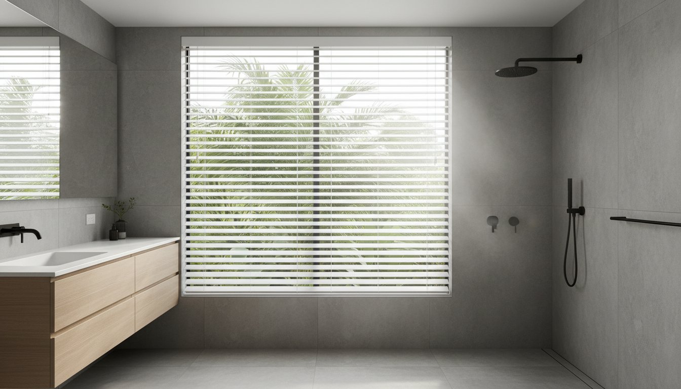 Modern bathroom with a large window with horizontal blinds, light wood vanity, wall-mounted faucet, and a walk-in shower with black fixtures.