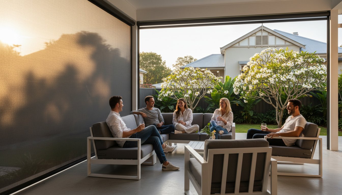 Five people sit and converse on outdoor patio furniture in a covered area, with trees and a house visible in the background during daylight.