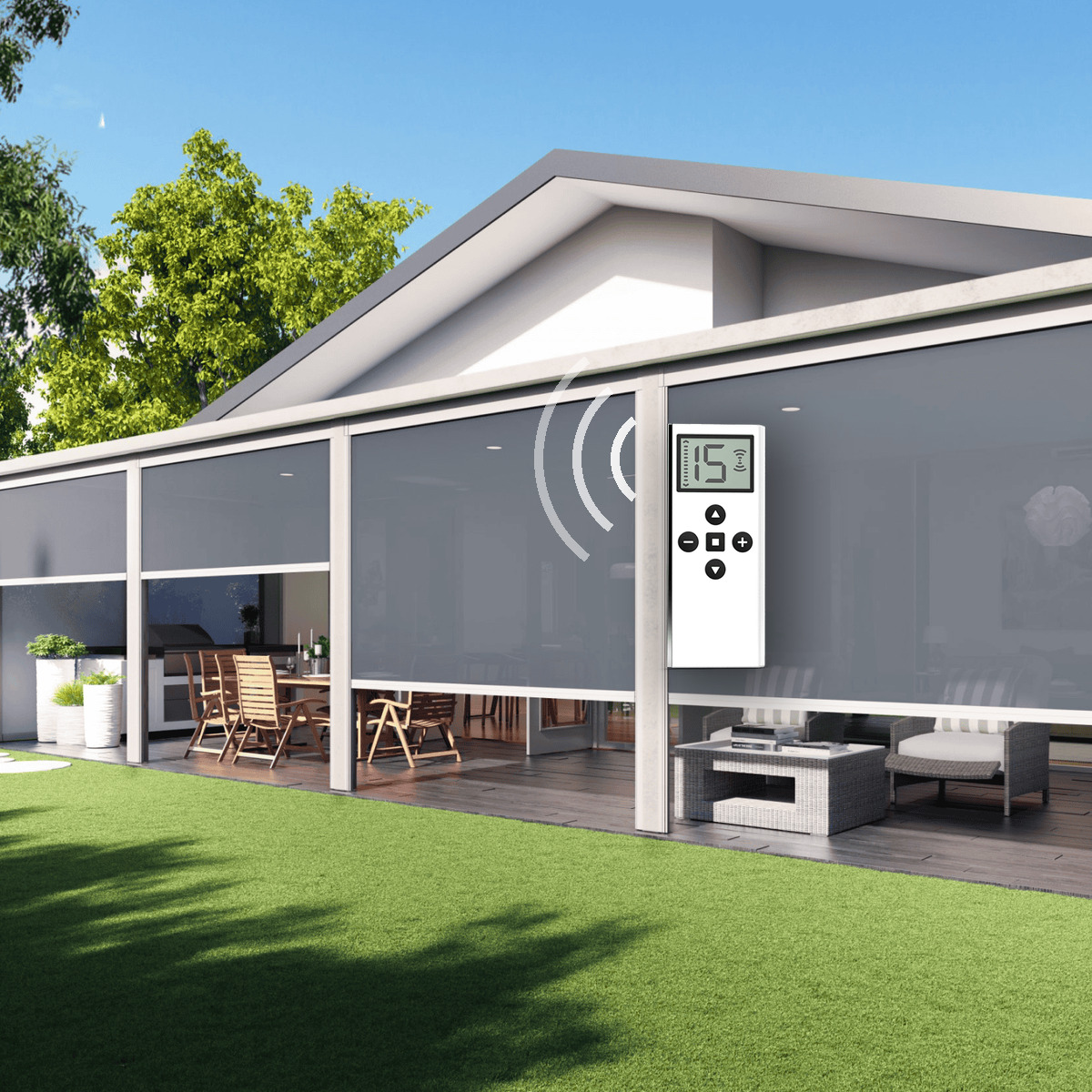 Motorised outdoor blinds lowered across an alfresco area, with a remote control and signal icon